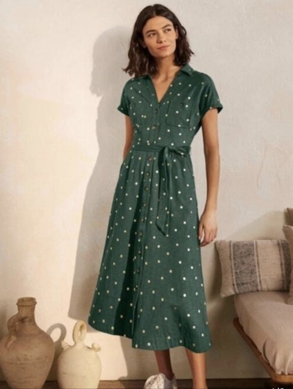 Boden Jersey S/S Shirt Dress Green with Gold Polka Dots 8L 8T Midi Fall Feminine